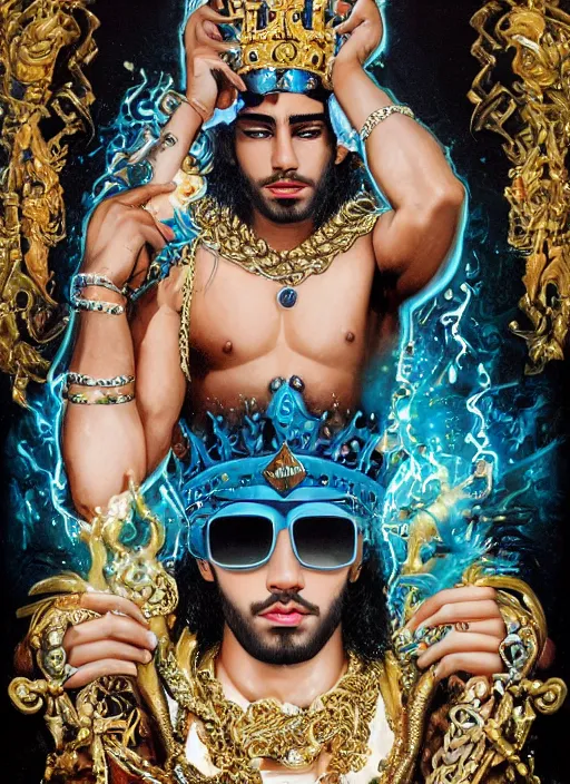 Prompt: muscular Atlantian king Zayn Malik wearing black sunglasses and a bejeweled gold heavy crown on his head while shirtless and wearing a heavy gold chain with a giant sparkling blue diamond around his neck, blue diamonds, a white falcon on his shoulders, steelpunk, ghibli studio, nekro, Tom Bagshaw, Craig Mullins, octane 8k, by brian froud, Trending on ArtStation