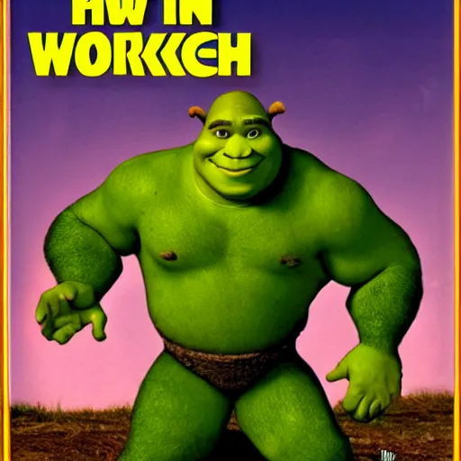 Prompt: shrek workout routine VHS cover from 1999