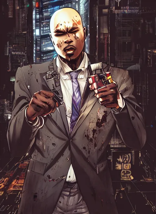 Prompt: manga cover, bloodied bald african-american man holding a gun, business suit, intricate cyberpunk city, emotional lighting, character illustration by tatsuki fujimoto