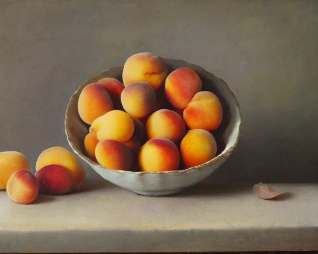 Prompt: peaches, apricots, plums lie in a wooden bowl on a table, in the style of impressionism