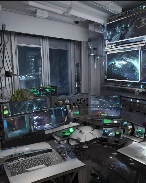 Prompt: artstation scifi scene of a complex computer workstation in a small studio apartment room, many monitors, many electronics, a window view, very detailed, maximalism, ambient occlusion, volumetric light, atmospheric haze, unreal engine, hyper realism, realistic shading, cinematic composition, realistic render, octane render, detailed textures, photorealistic, wide shot