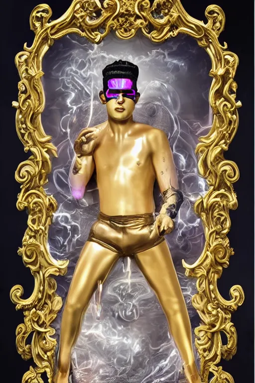 Image similar to full-body neon porcelain bladerunner and rococo style sculpture of a young handsome Cuban prince wearing retro shades and a gold chain, half android face, porcelain chest opening exposing circuitry and electric sparks, glowing laser beam eyes, crown of giant diamonds, flowing neon-colored silk, fabric, raptors. baroque elements. full-length view. baroque element. intricate artwork by caravaggio. many many birds birds on background. Trending on artstation, octane render, cinematic lighting from the right, hyper realism, octane render, 8k, depth of field, 3D