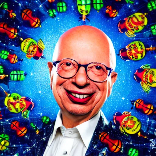 Image similar to uhd photorealistic portrait of cosmic clown made of bugs, in the image of klaus schwab, wearing authentic clown costume and real bizarre clown makeup, correct face, accurate faces, intricate details, intricate cllown makeup