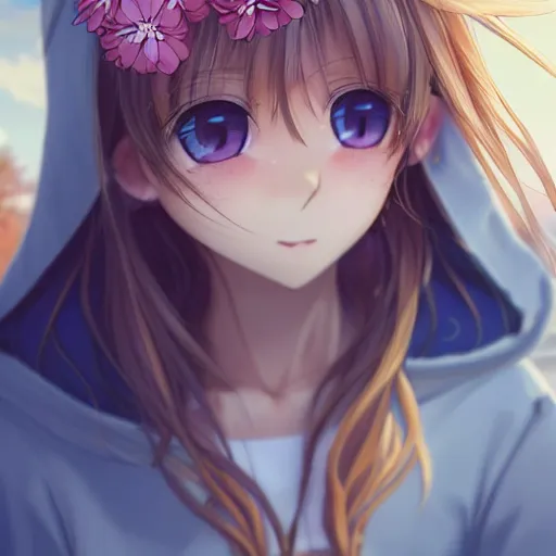 Prompt: a very beautiful anime girl, full body, long wavy blond hair, sky blue eyes, full round face, short smile, oversized hoodie, miniskirt, flower in hair, summer lake setting, cinematic lightning, medium shot, mid-shot, highly detailed, trending on Artstation, Unreal Engine 4k, cinematic wallpaper by Stanley Artgerm Lau, WLOP, Rossdraws, James Jean, Andrei Riabovitchev, Marc Simonetti, and Sakimichan