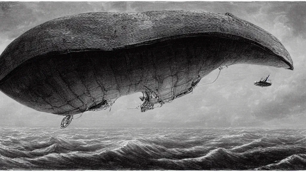 Image similar to drawing of one giant steampunk zeppelin flying above a stormy ocean, by gustave dore, nineteenth century, black and white, vintage, science fiction, epic composition, dramatic lighting, highly detailed, cinematic