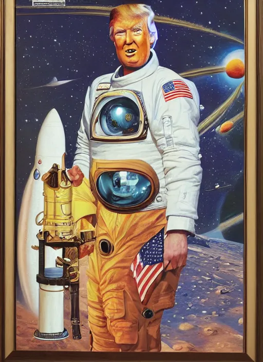 Image similar to painting of donald trump astronaut on mars holding a ray gun by norman rockwell, by drew struzan, high res