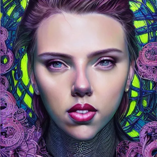 Image similar to portrait of scarlett johansson, hyper detailed masterpiece, neon floral pattern, jean giraud, digital art painting, darkwave goth aesthetic, psychedelic, artgerm, donato giancola and tom bagshaw