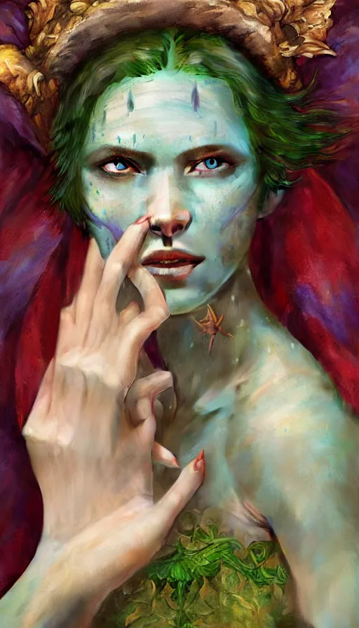 Image similar to epic masterpiece portrait of a female jester, sweaty skin, hyperrealistic, octane render, cinematic, beautiful face and flawless skin, perfect hands, emeralds by Edgar Maxence and Ross Tran and Michael Whelan, Legends of Runeterra