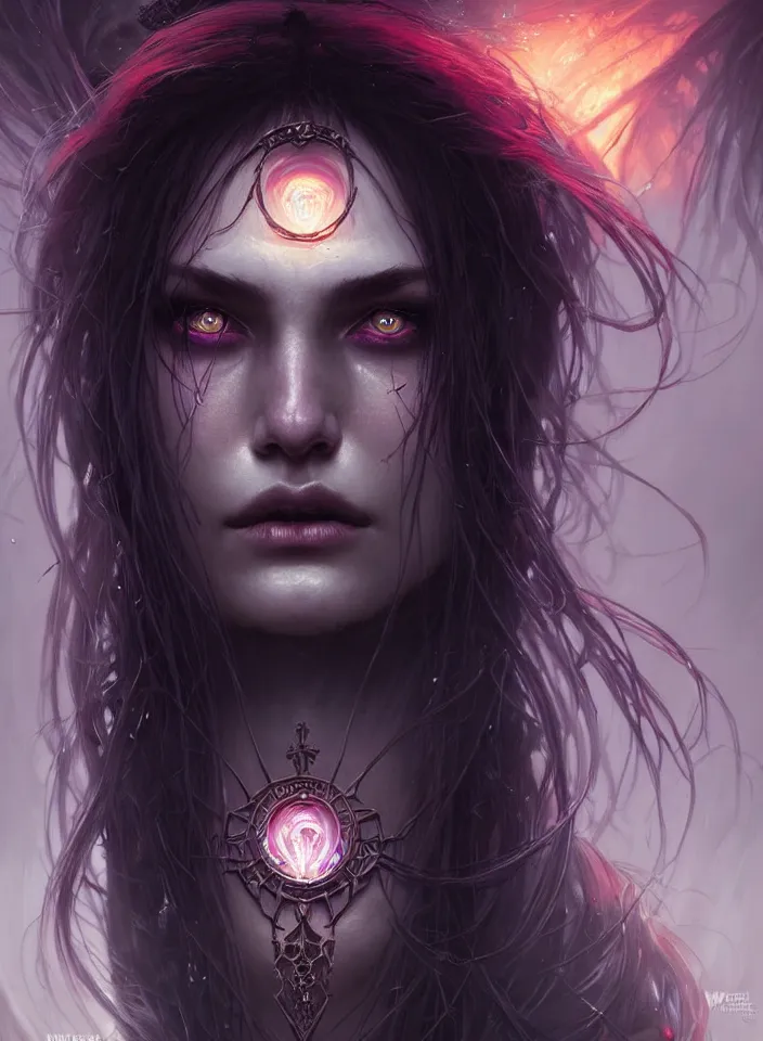 Image similar to Necromancer Sorceress face close-up macro in center, fantasy magic, undercut hairstyle, dark light night, intricate, elegant, sharp focus, illustration, highly detailed, digital painting, concept art, matte, art by WLOP and Artgerm and Greg Rutkowski and Alphonse Mucha, masterpiece