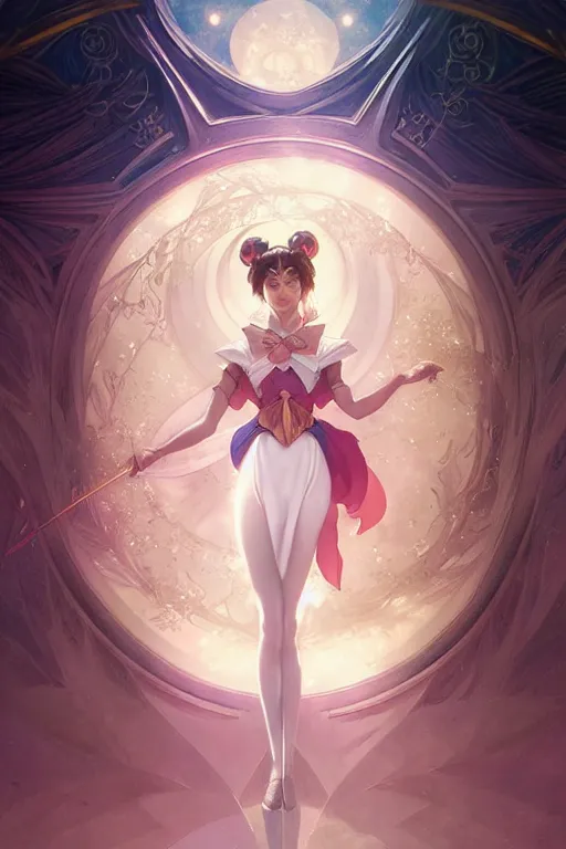 Image similar to Sailor Moon, fantasy, intricate, elegant, highly detailed, digital painting, artstation, concept art, matte, sharp focus, illustration, art by Artgerm and Greg Rutkowski and Alphonse Mucha