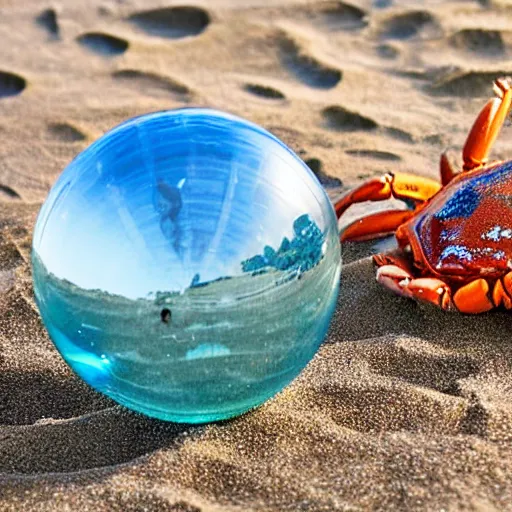 Image similar to a transparent sphere on a beach with a crab looking at it