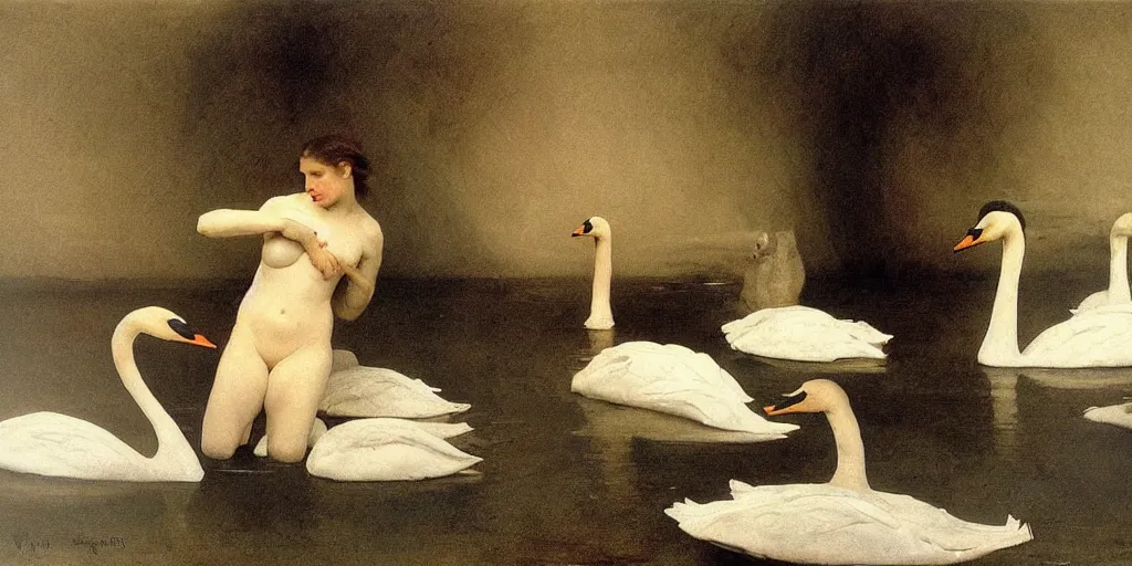 Prompt: lots of swans hiding a body. by william bouguereau, andrew wyeth and nicola samori. dark atmosphere. dark space