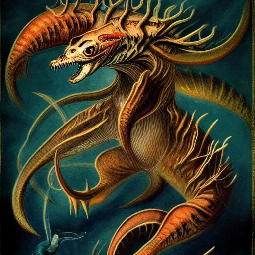 Image similar to bestiary of creatures from the depths of the unconscious psyche