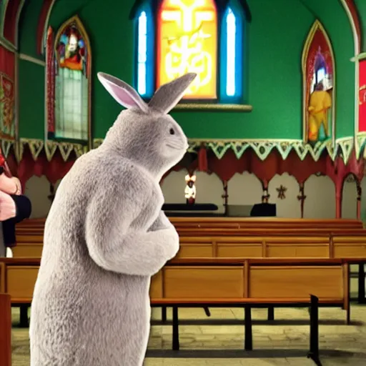 Prompt: catholic big chungus praying at church with sonic