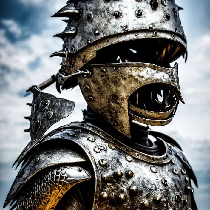 Prompt: photo of a warrior with metal crocodile themed armour and helmet, highly detailed, 4 k, hdr, smooth, sharp focus, high resolution, award - winning photo