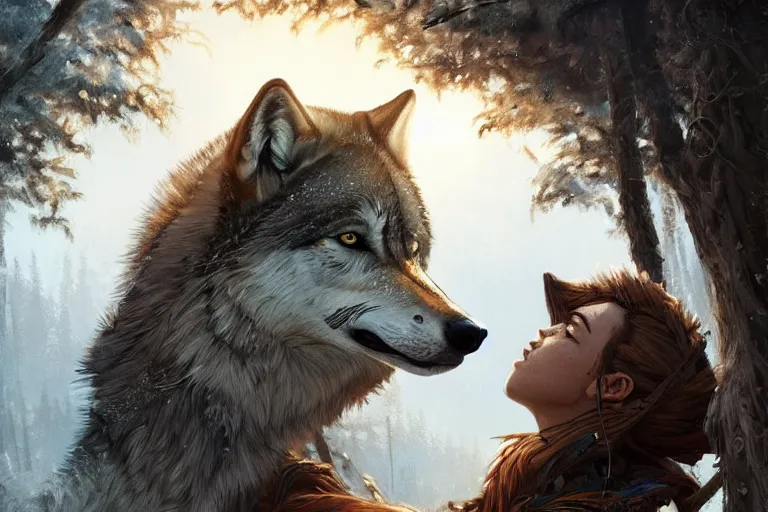 Image similar to Aloy living with wolves, highly detailed, photorealistic, reflections, smooth, sharp focus, concept art, illustration, beautiful, geometric, trending on artstation, cinematic, featured on behance , artwork by WLOP and Tran, Ross