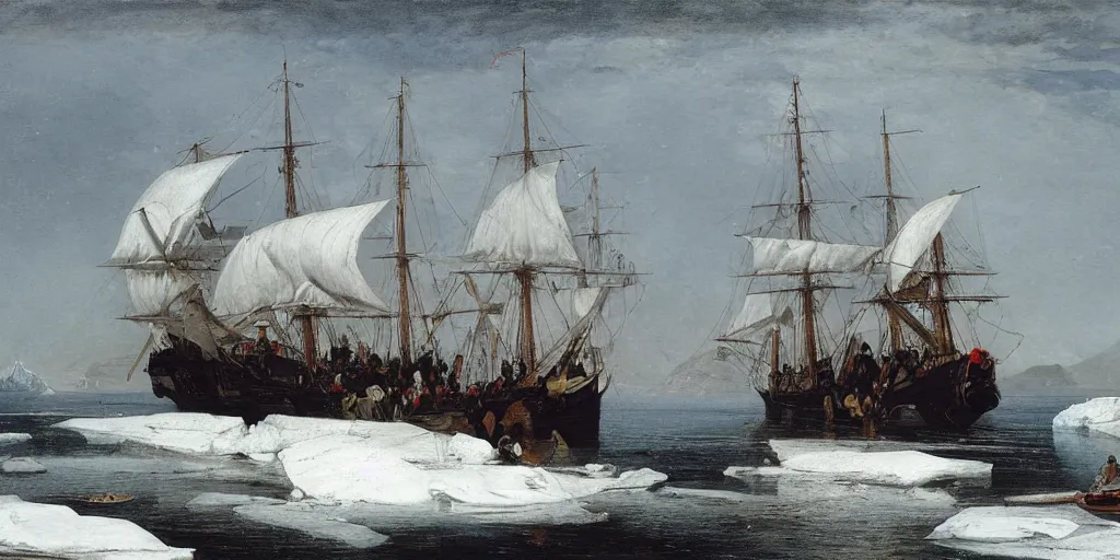 Image similar to a single 1840s British sail ship stuck in sea ice, HMS Erebus, grim, HD, frozen sea, ice seracs, painted by Edwin Henry Landseer