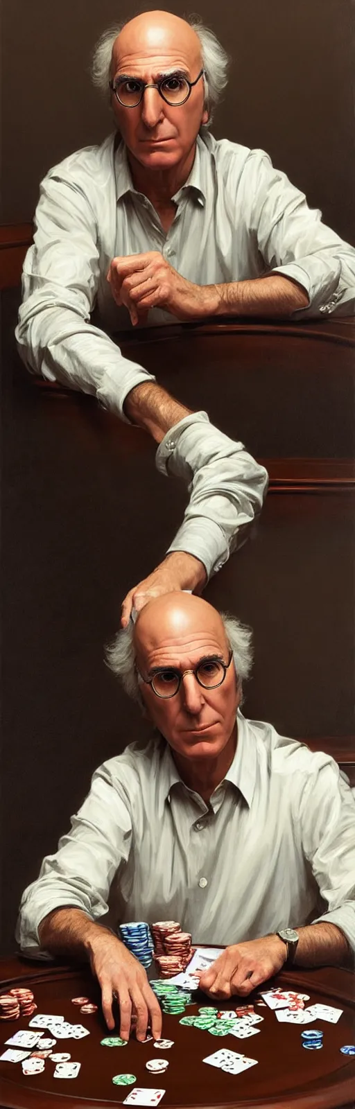 Prompt: portrait of larry david playing poker, photorealistic, highly detailed, artstation, smooth, sharp focus, art by michael whelan, artgerm, greg rutkowski and alphonse mucha