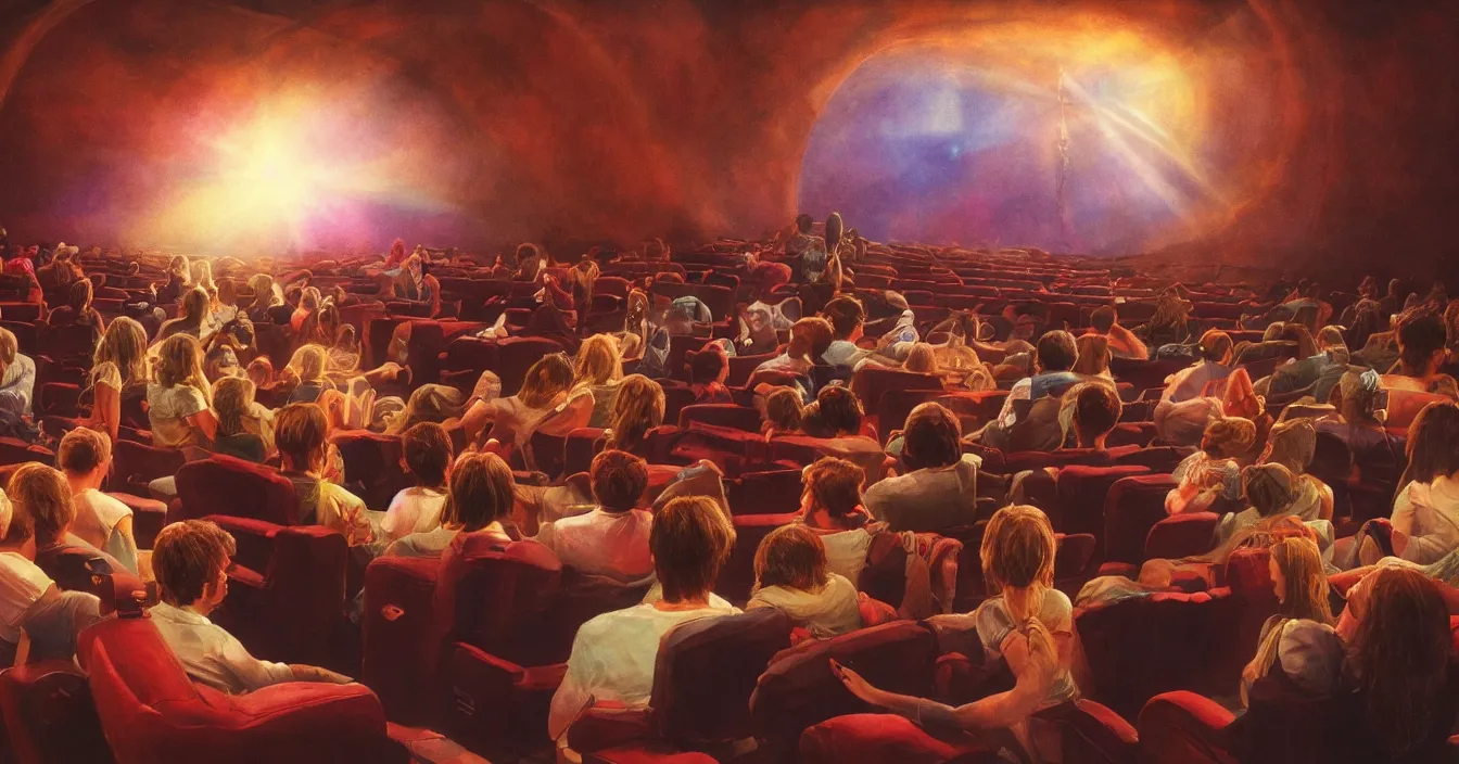 Image similar to rear view of the seated souls in the cinema and watching volumetric light of consciousness projecting their lives in front of them on the big screen, realistic, deep sense of spirituality, visual plasticity, unreal engine quality, raytracing, vray shading, style of earl norem