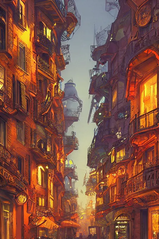 Prompt: insane perspective of colorful street vue from steampunk paris, intricate details, realistic shaded ,, highly detailed, artstation, painting by François Schuiten and moebius, disney fantasy style, volumetric light, neon lights, cinematic mood