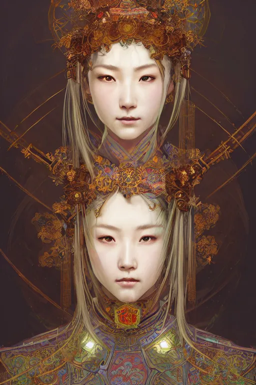 Image similar to beautiful and divine and holy and elite and colorlpunk young three kingdom chinese female armor knight portrait +shinnyy eyes+front face with light flowing hair, ultradetail face, art and illustration by tian zi and craig mullins and WLOP and alphonse mucha, fantasy, intricate complexity, human structure, human anatomy, fantasy character concept, watermark, blurry, hyperrealism 8k