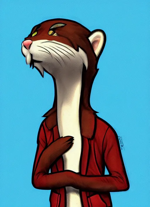 Image similar to expressive stylized master furry artist digital colored pencil painting full body portrait character study of the otter ( sergal ) small head fursona animal person wearing clothes jacket and jeans by master furry artist blotch, sharp focus vintage disney animation style