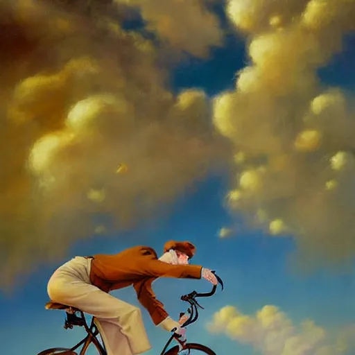 Prompt: A whimsical painting of a happy man flying in the sky on his bicycle in the clouds by Artgerm, Mark Arian, Rolf Armstrong