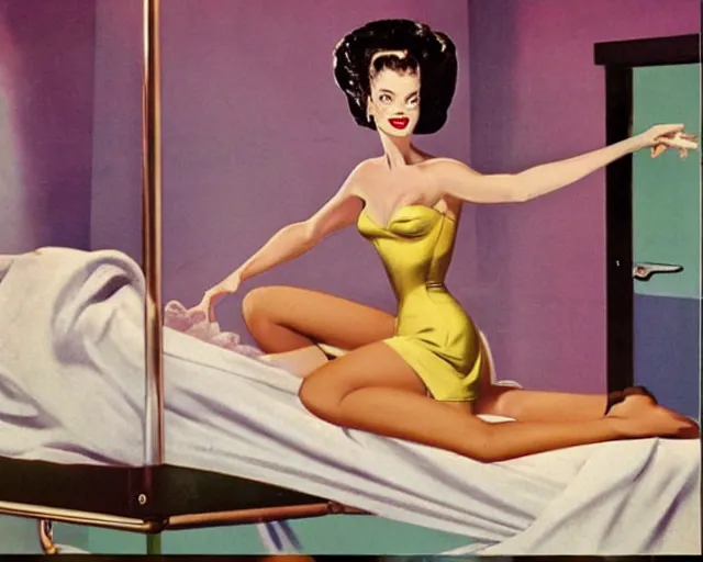 Image similar to phtorealistic modern 1 9 5 0 s style pin up of the bride of frankenstein posing in a bed in the room of a sanatarium, full body, campy color scheme, realistic, center, smooth, golden ratio, detailed, gil elvgren, earl moran, joyce ballantyne