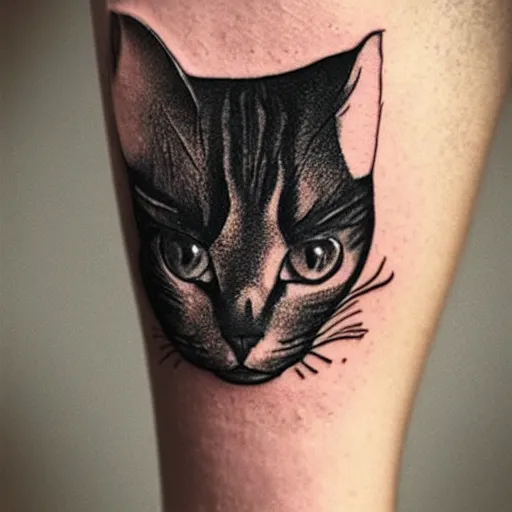 Prompt: stick and poke tattoo of a cat, black and white tattoo, linework