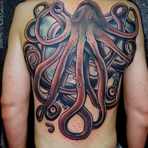 Image similar to octopus playing multiple folk instruments with its tentacles, tattoo