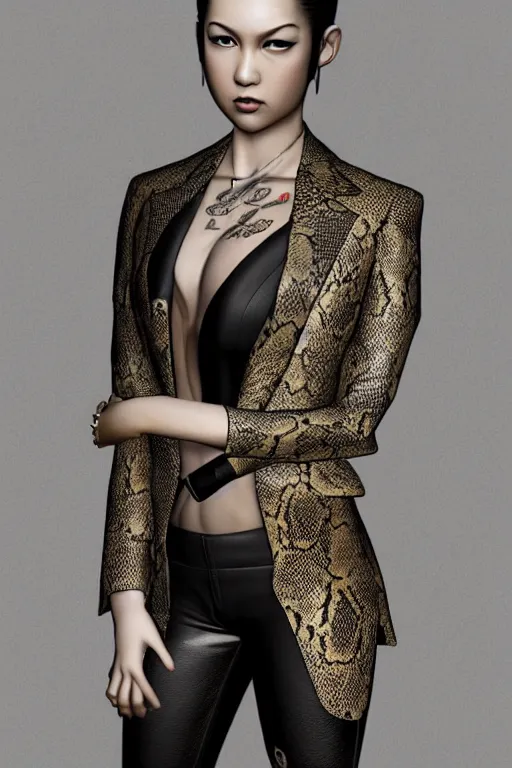 Prompt: yakuza slim girl, gold suit jacket in snake print, jacket over bare torso, yakuza tattoo on body, black short curtain haircut, black leather pants with black belt, studio lighting, portrait, elegant, 2d, ultra highly detailed, digital painting, smooth, sharp focus, artstation, art by Ilya Kuvshinov, rossdraws