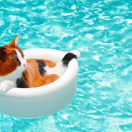 Prompt: a calico cat in a float in a pool