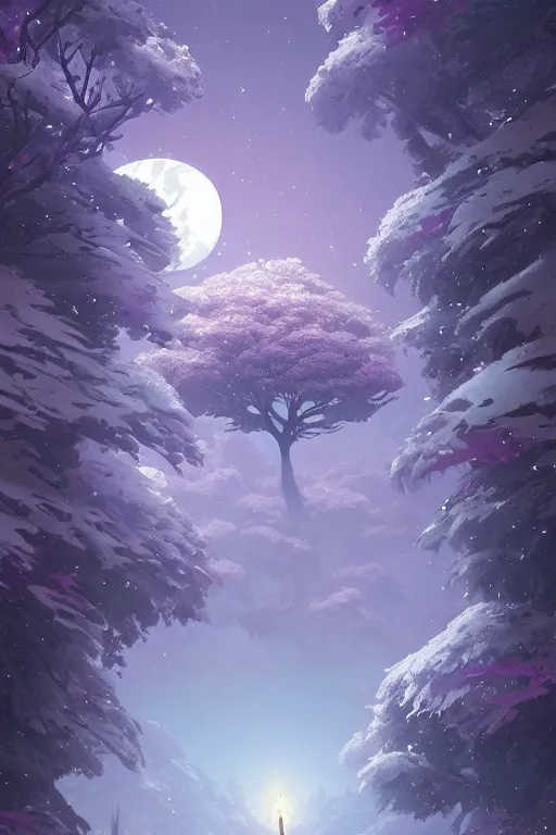 Image similar to giant tree in snow with purple flowers on surface of the moon, unreal engine, fantasy art by greg rutkowski, loish, rhads, ferdinand knab, makoto shinkai and lois van baarle, ilya kuvshinov, rossdraws, tom bagshaw, global illumination, radiant light, detailed and intricate environment