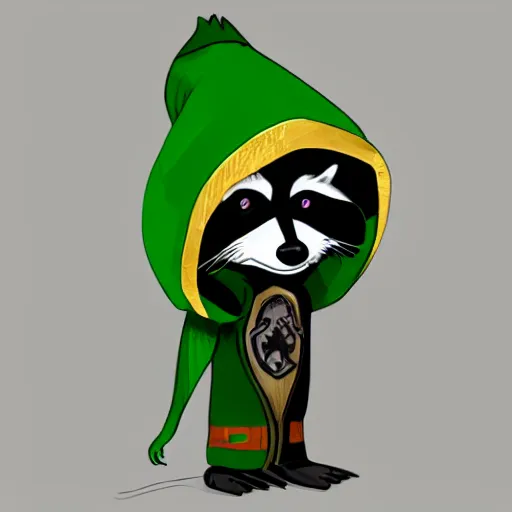 Image similar to a raccoon in a green, hooded rouge outfit with gold accents holding dagger made of fire, trending on art station