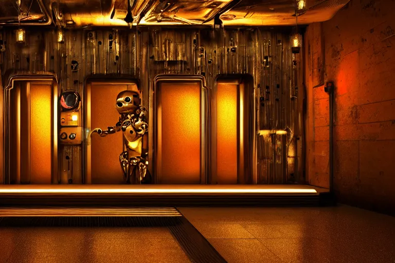 Prompt: backdoor entrance to a futuristic nightclub, on the floor sits a sad golden and blue metal humanoid steampunk robots wearing and gears and tubes, eyes are glowing red lightbulbs, shiny crisp finish, 3 d render, 8 k, insaneley detailed, fluorescent colors, background is back yard of a nightclub, nightlight