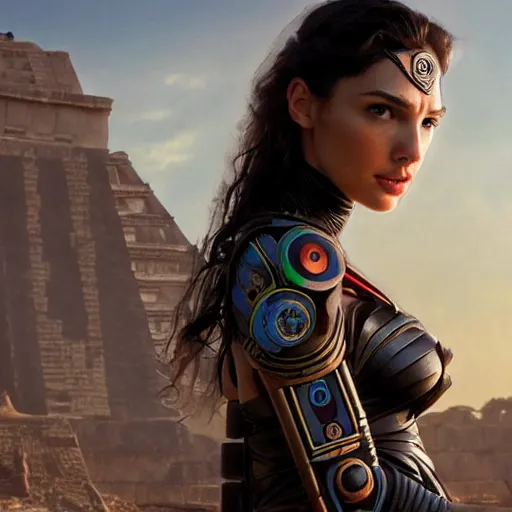 Prompt: beautiful Fine art photo of a young quiet Gal Gadot as a cyberpunk mayan robotic godess, photorealistic, centered, highly detailed and intricate, sun lighting, 8k