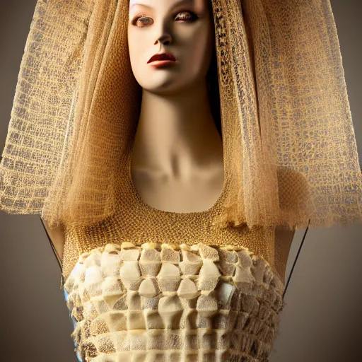Prompt: a beautiful dress made of a bee hive, on a mannequin. high resolution, studio lighting