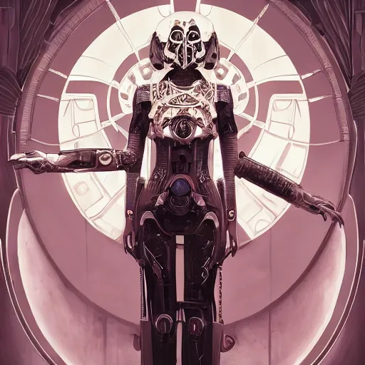 Image similar to a cyborg empress with mask, art nouveau ivory accessories, star wars, cyberpunk, darksynth, luxury, concept art by jama jurabaev, extremely detailed, ominous, ethereal, artstation, andree wallin, edvige faini, balaskas, alphonse mucha, symmetry