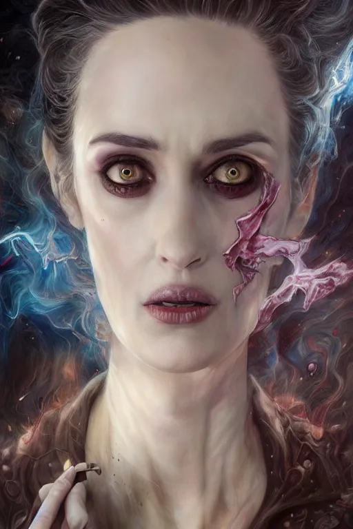 Image similar to closeup portrait shot of winona ryder as delirium of the endless, the sandman, thick fancy makeup, highly detailed, digital painting, artstation, concept art, soft focus, depth of field, artgerm, tomasz alen kopera, peter mohrbacher, donato giancola, joseph christian leyendecker, wlop, boris vallejo