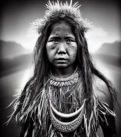 Image similar to Award winning Editorial photograph of a Hawaiian girl by Lee Jeffries, 85mm ND 4, perfect lighting, wearing traditional garb, With huge sharp jagged Tusks and sharp horns, gelatin silver process