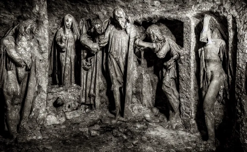 Prompt: several decrepit creepy statues of the archangel gabriel looking at the camera, placed throughout a dark claustrophobic old catacomb cavern, realistic, underexposed photography, depth of field, wide shot, sinister, bad lighting, foreboding, blurry grainy photo