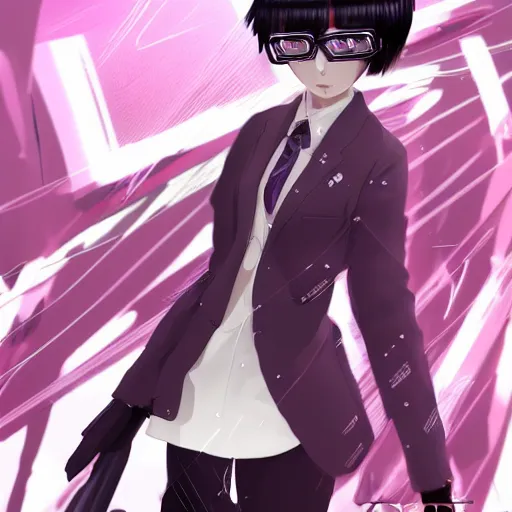 Prompt: neotokyo, luxury advertisement, cinematic astonishing portrait of a very beautiful anime schoolgirl with black bob hair, full perfect face, she is dancing, wearing glasses. Style of cytus and deemo, highly detailed background, artstation, 120 degree view, set in Half-Life 2 and Deus Ex Human Revolution, drawn by Sasoura, Satchely and Akihiko Yoshida, no distortion