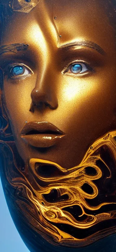 Prompt: epic, abstract sculpture of beautiful female face and black swirling liquifying acrylic portrait, fluffy clouds, golden hour, beautiful light, 3 d sculpture of carving marble, dark colors, dark mood, one point lightning, golden spirals, epic matte painting, concept art