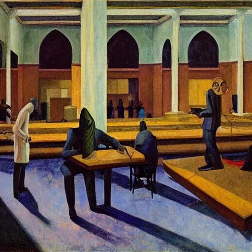 Image similar to apocalyptic scene, prayer, occult, refugees, mosque synagogue interior, gas masks, geometric art, patina, Edward Hopper, PJ Crook