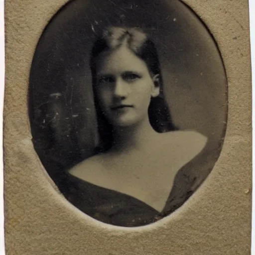 Image similar to antique photograph of a beautiful woman, sad eyes, cracked and faded photo paper, staring at the camera, headshot, dark background, low light, dark