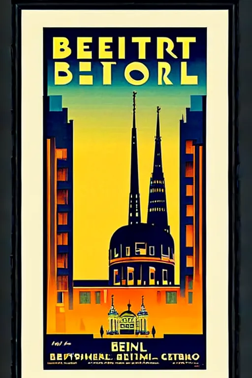 Prompt: art deco travel poster. berlin, framed poster