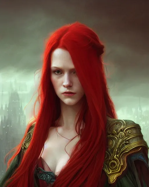 Prompt: long red hair mage, portrait, gentle, scowl, cloth, female, city background, d & d, fantasy, intricate, elegant, digital painting, red green color palette, artstation, octane render, concept art, matte, sharp focus, illustration, herrarthstone, art by artgerm and greg rutkowski and alphonse mucha