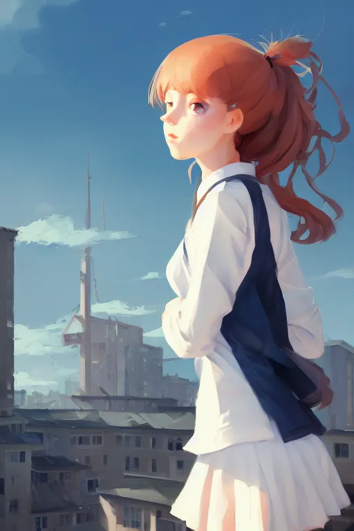 Image similar to gouache of a cute girl wearing school uniform standing on the edge of the roof of a tall building, delicate face, 8 k wallpaper, strong brush stroke, very high detailed, sharp focus, illustration, morandi color scheme, art station, by krenz cushart