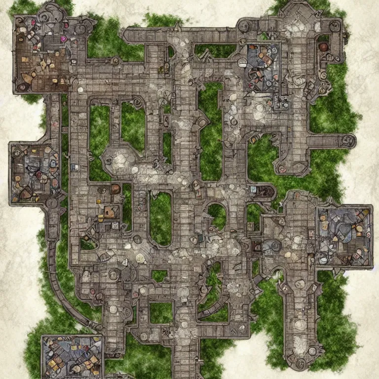 Prompt: full - color fantasy floor plan map of a dungeon, d & d, pathfinder, by jeff todd and greg rutkowski, trending on artstation, pinterest