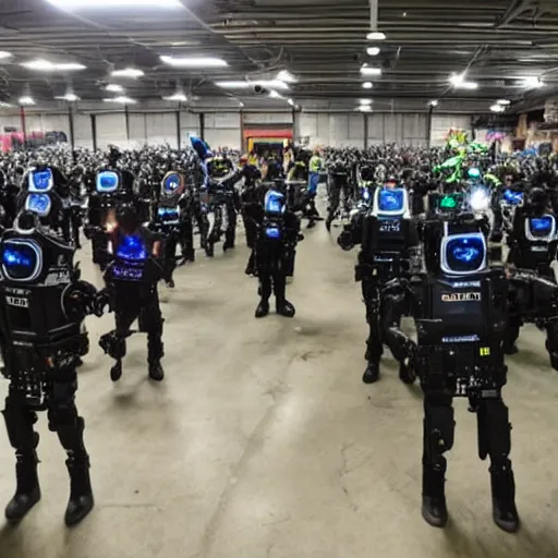 Image similar to robot ravers defending a warehouse from the police